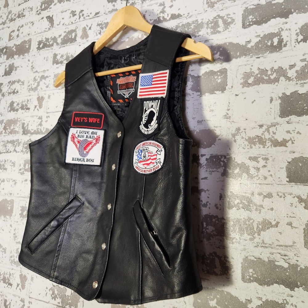Interstate Leather Womens Motorcycle Biker Vest Patches USA Flag Harley Davidson - Picture 3 of 16
